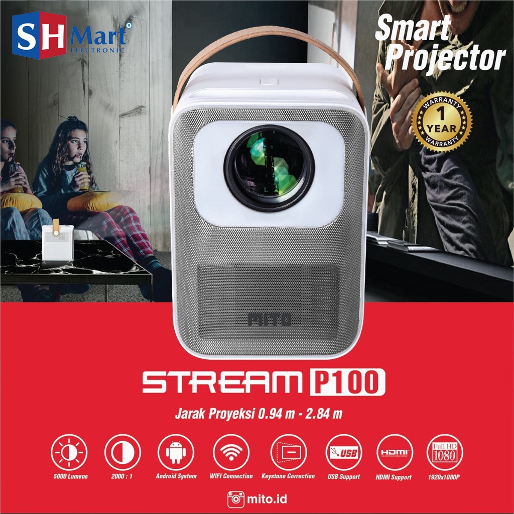 NEW MITO SMART PROJECTOR STREAM P100 ANDROID 9.0 WIFI BLUETOOTH GARANSI RESMI SMART PROJECTOR  (MEDAN)