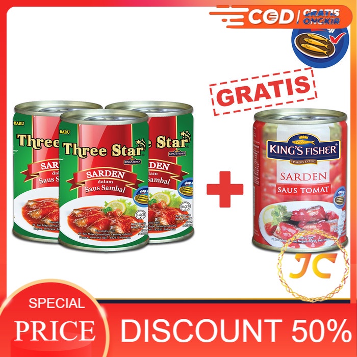 

[Ramadhan Sale Off 50%] King's Fisher Three Star Paket 4 pcs Sarden saus Sambal Tomat 425g Mak