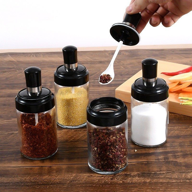 Botol Tempat Bumbu Dapur Kaca + Sendok / Wadah Penyimpanan Kopi Gula Garam Micin Lada Merica Kecap Saus Seasoning Bottle Glass Aesthetic Kedap