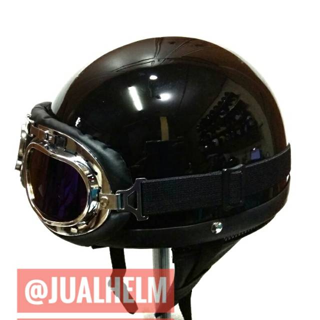 Helm Chips/Helm Vintage Black Glossy Dengan Kacamata Goggle