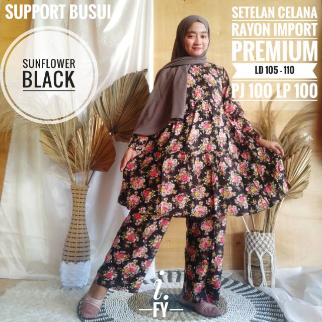 SET SETELAN CELANA TUNIK ATASAN BAWAHAN KATUN RAYON BANGKOK IMPORT PREMIUM BUSUI ADEM MOTIF BUNGA