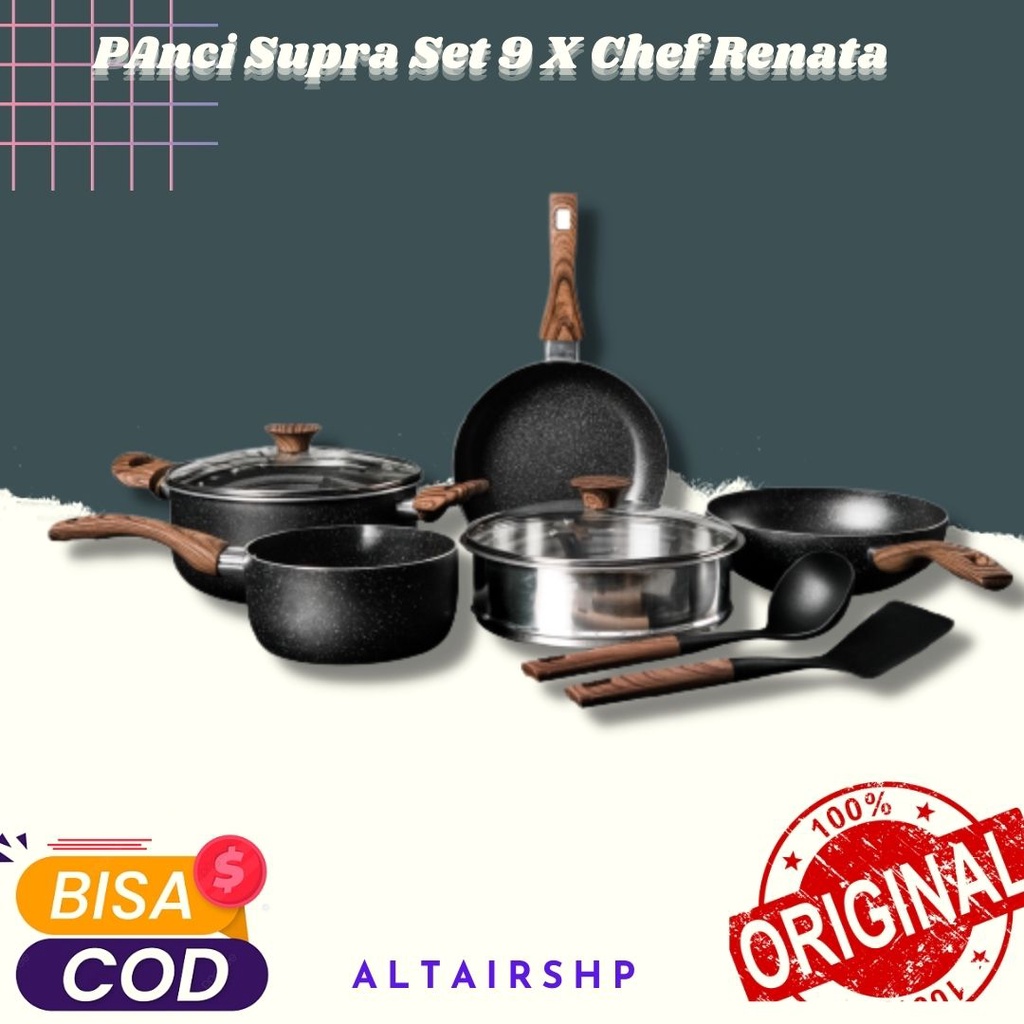 Panci Set Supra 9 Pcs Marble Coated (Gagang Kayu) x Chef Renata