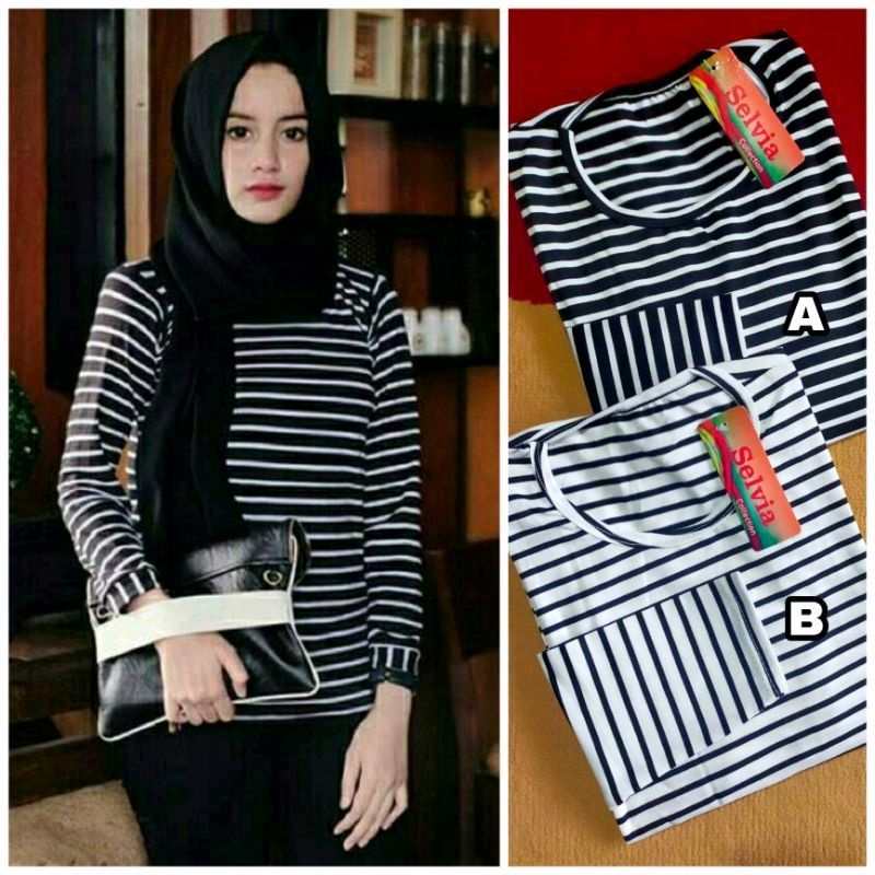 Kaos Lengan Panjang Salur Hitam Putih / Kaos Stripe Wanita Lengan Panjang