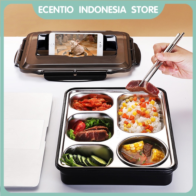 ecentio kotak makan stainless steel anti tumpah 1200ml+300ml lunch box stainless Steel 5 Grid free sendok Mangkuk sup/kotak bekal/lunch box set