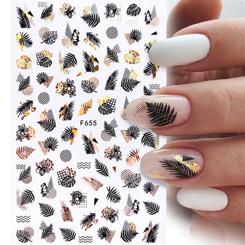 1pc Stiker Kuku 3D Motif Daun / Pohon / Geometri Warna Gold / Hitam Untuk Dekorasi Nail Art