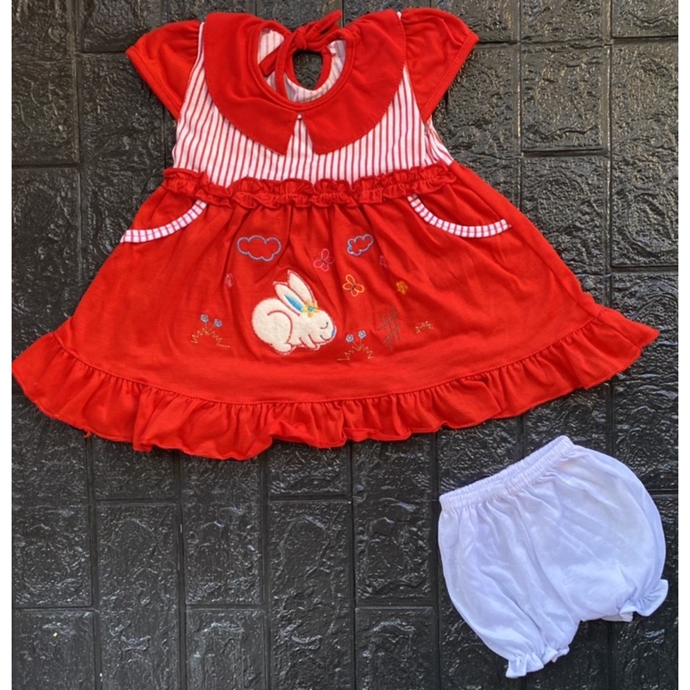 Rok bayi/ dress bayi set celana pop (motif garis atas kerah)