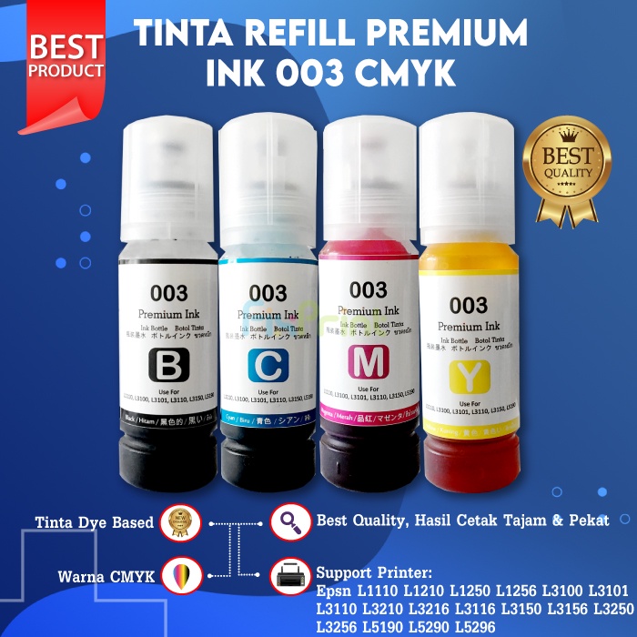 Tinta Refill 003 Premium Ink Printer Epson L1110 L1210 L3110 L3210 L3116 L3150 L3156 L5190 L5290