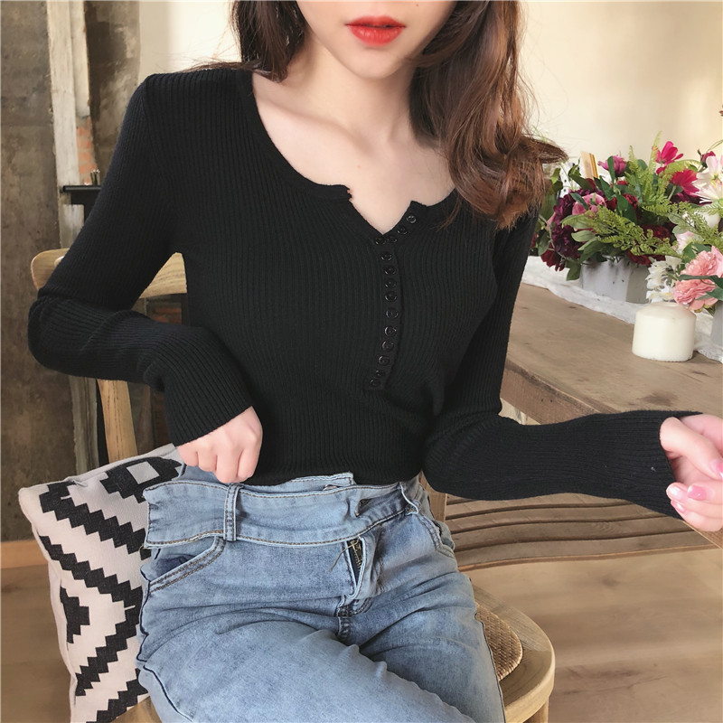 Sweater Ketat V-neck Ramping Wanita Korea Tipis Seksi Pendek atasan