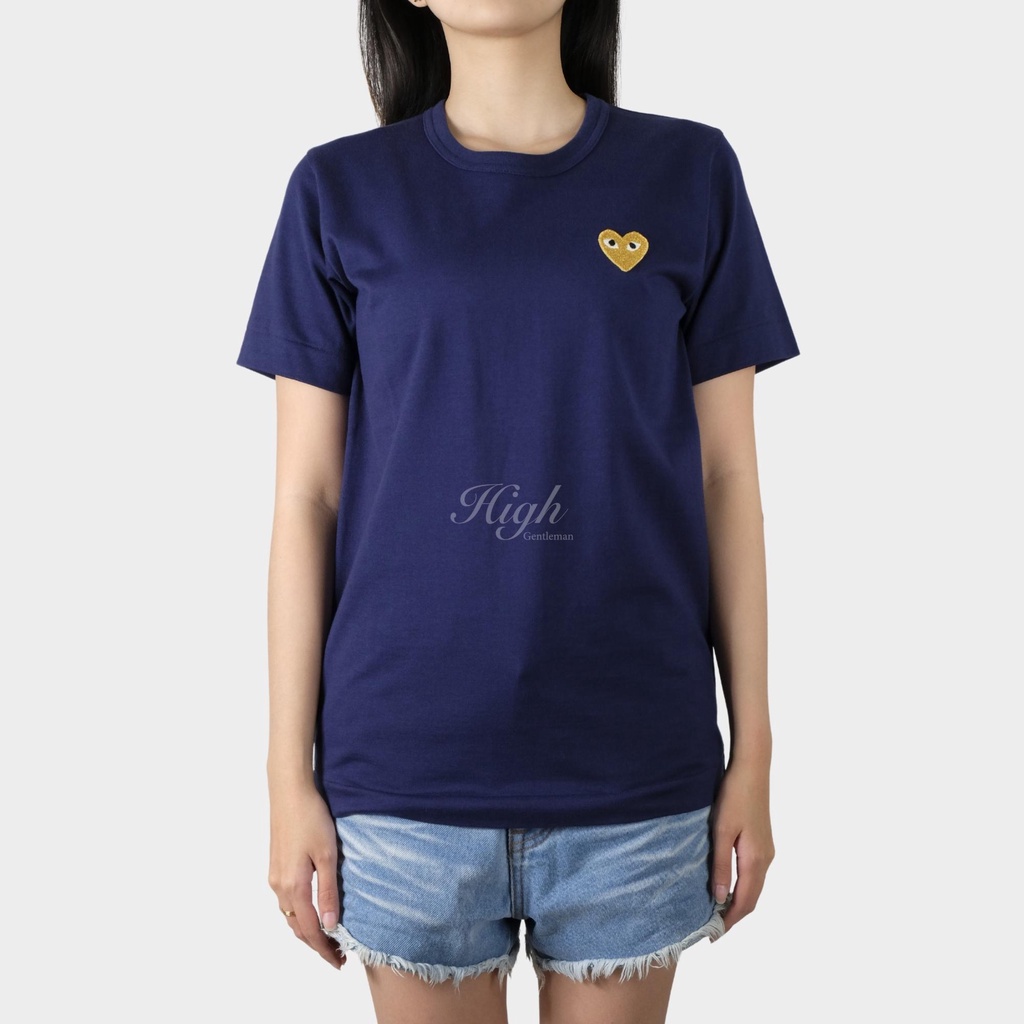 CDG Women Gold Emblem Tee Navy 100% Authentic