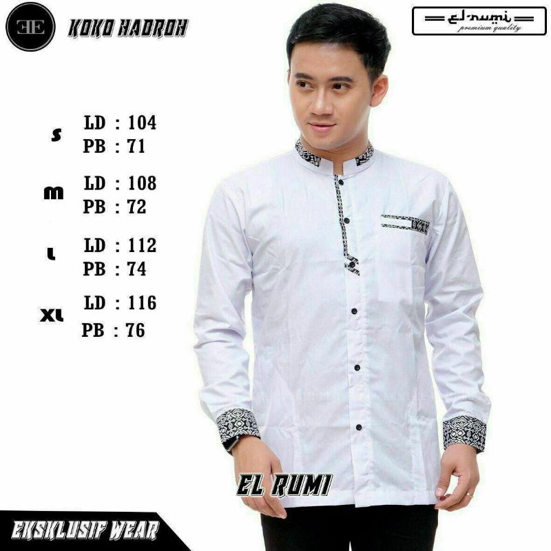 BAJU KOKO PRIA LENGAN PANJANG BAJU KOKO DEWASA PUTIH POLOS KOMBINASI BAJU MUSLIM HADROH TAQWA ELRUMI EL RUMI TOYOBO PREMIUM TERBARU-Anos