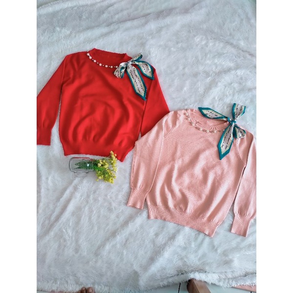 KNITWEAR IMPORT/ KNITWEAR MUTIARA/ATASAN RAJUT IMPORT MUTIARA TEBAL KOMBINASI PITA MUTIARA MURAH