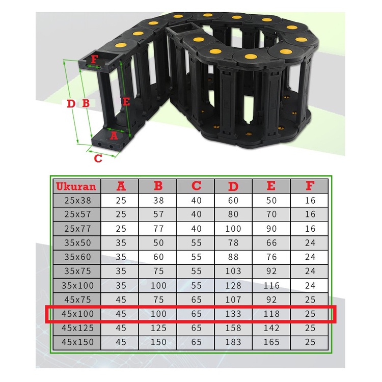 [HAEBOT] Kabel Cable Drag Chain Dragchain Wire Carrier 45x100 CNC Bridge Open Type Plastic Industri Mekanik Towline Mesin Pembawa Rantai 45 x 100 1000mm