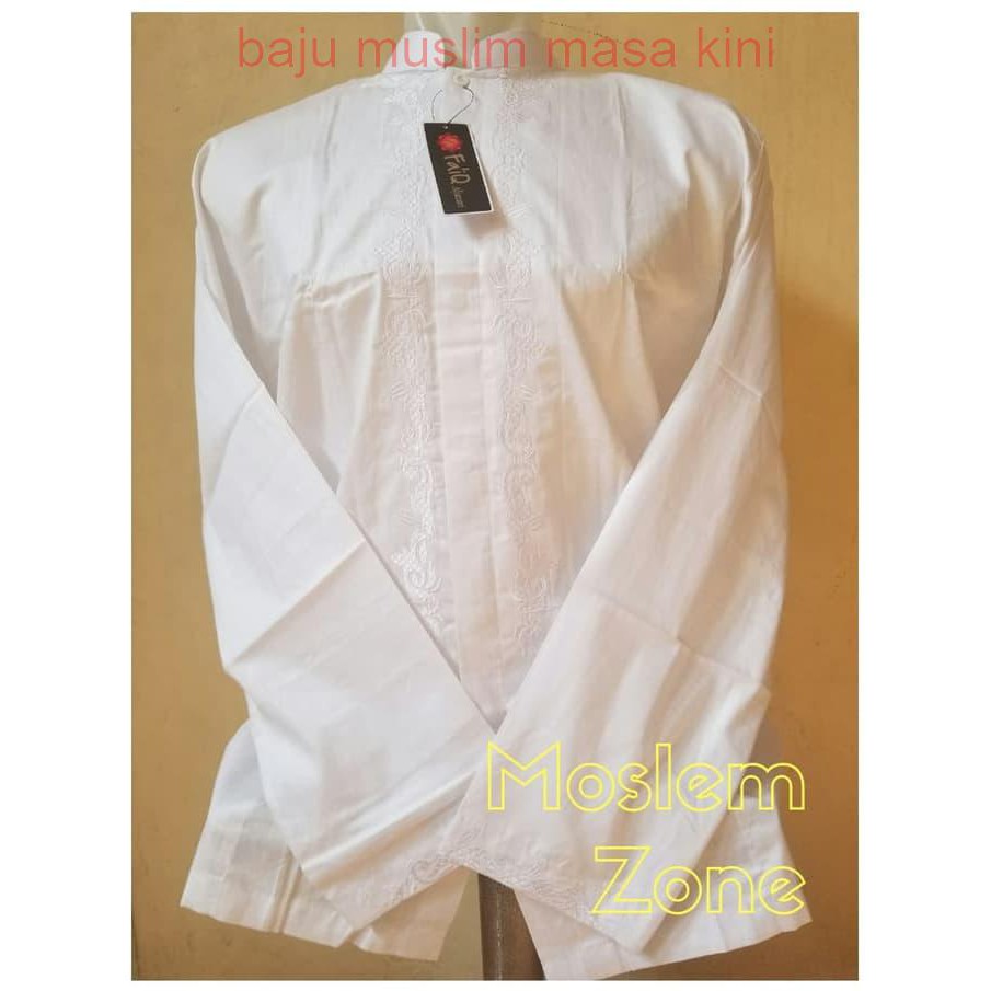 Baju koko Jumbo XXL Putih Bordir Faiq Lengan Panjang - Putih- XXL