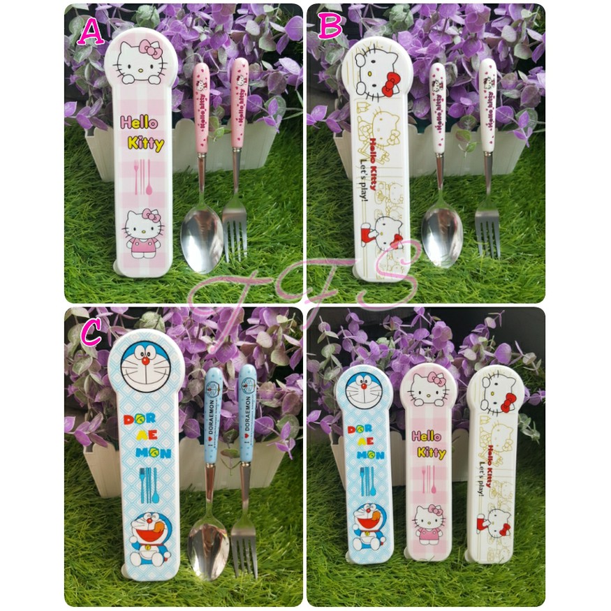 TERMURAH / Set Sendok, Garpu Makan Gagang Keramik Hello Kitty dan Doraemon