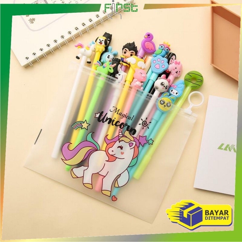 

[COD] Pulpen Gel Karakter Lucu Set Isi 10PCS Pena FREE Zipper Pouch Tempat Pensil Transparan