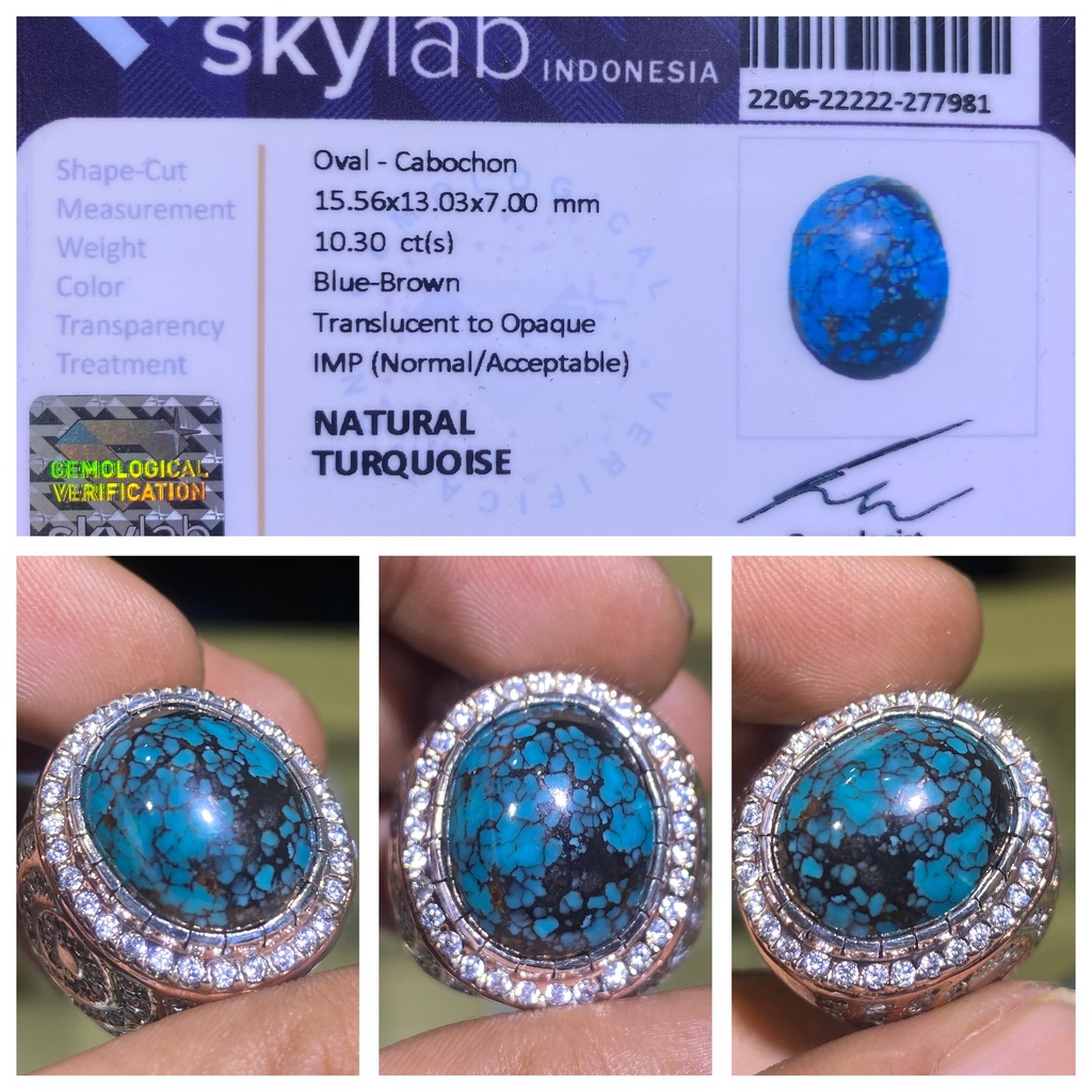 Natural 10.30ct Batu Turquoise Pirus Persia Urat Hitam Ring Perak
