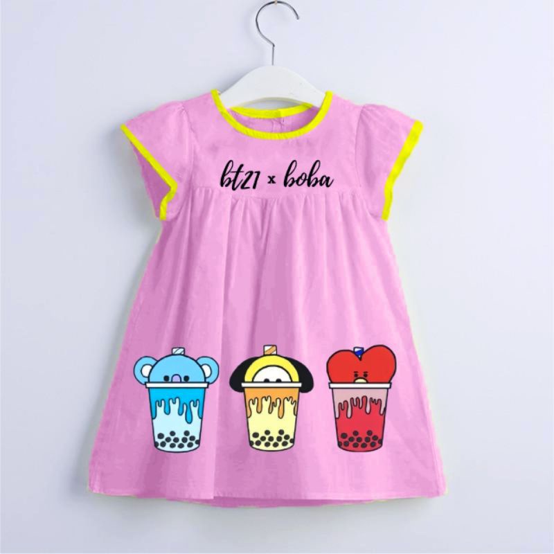 DRESS ANAK PEREMPUAN BT21 X BOBA/BAJU ANAK PEREMPUAN LUCU