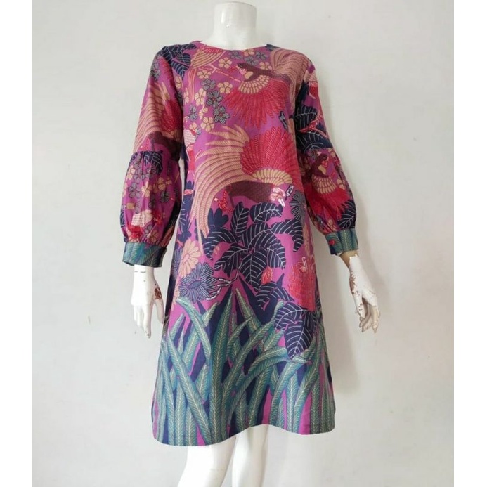 tunik batik motif cendrawasih lengan balon warna ungu
