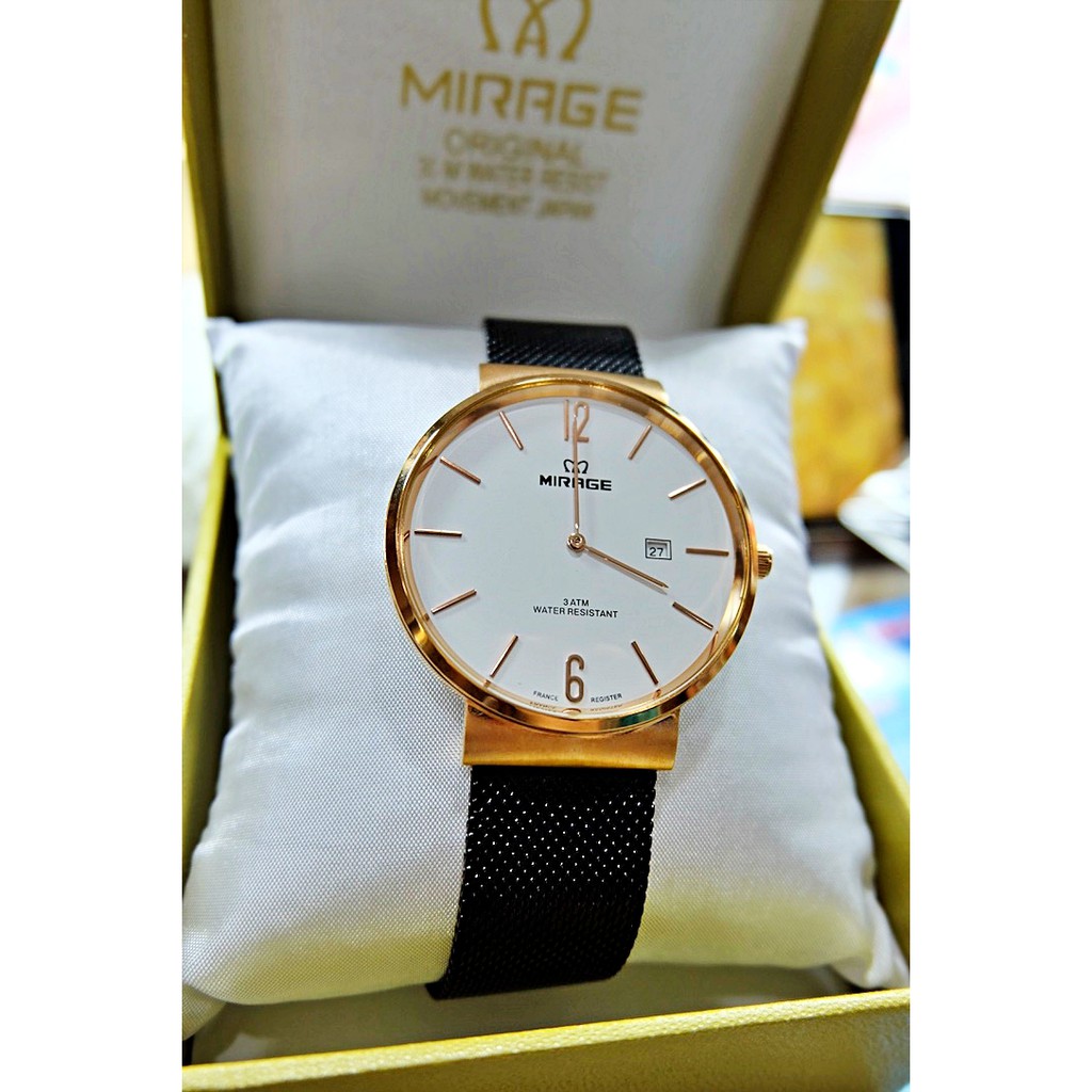 Jam Tangan mirage pria 8624 rose gold black tipis tanggal