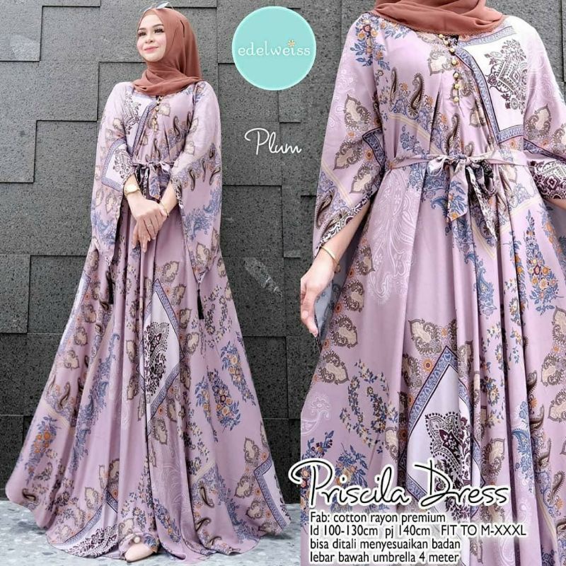 Priscila Dress, GAMIS MUSLIM JUMBO CANTIK FIT XXXL LD 130 BAHAN KATUN RAYON PREMIUM KANCING BUSUI TERMURAH OOTD