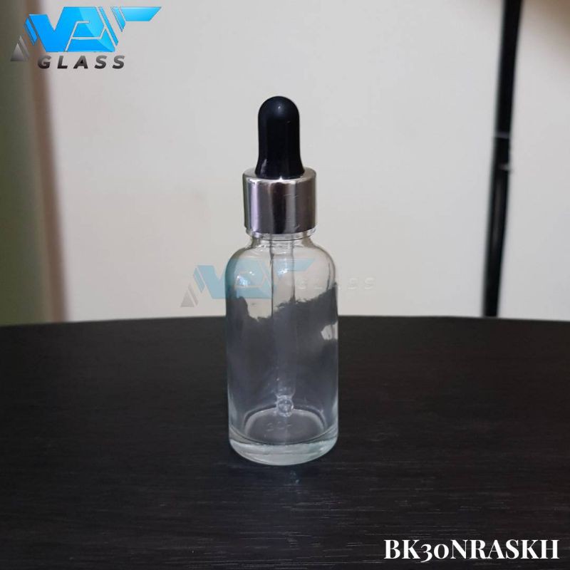 botol kaca pipet 30ml bening tebal - ring almunium silver