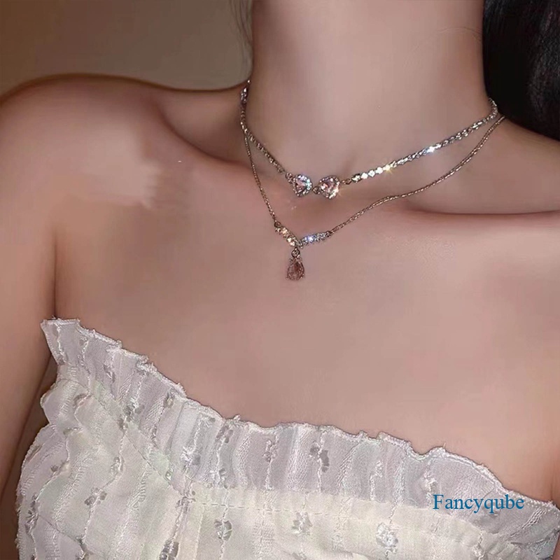 Kalung Rantai Ganda Bentuk Hati Aksen Berlian Imitasi Bahan Alloy Untuk Wanita