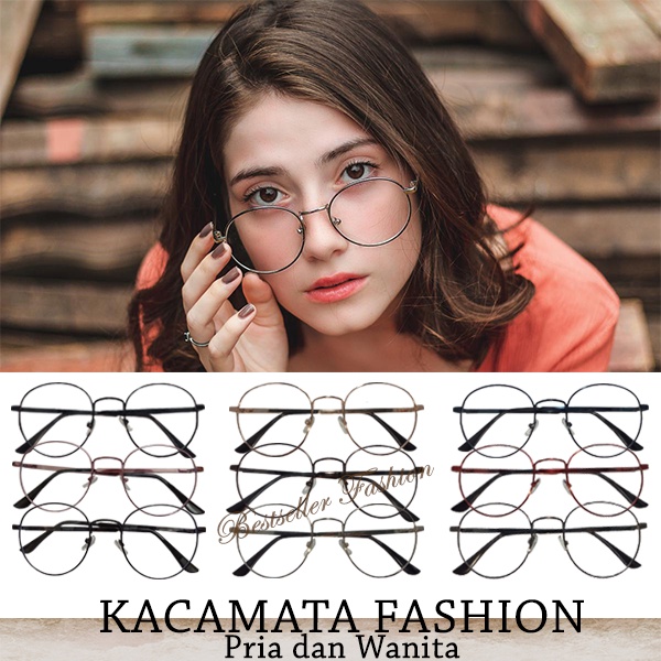 Kacamata Bulat Oval Retro Model Korea Pria dan Wanita / Kaca Mata Classic Import Lensa Bening