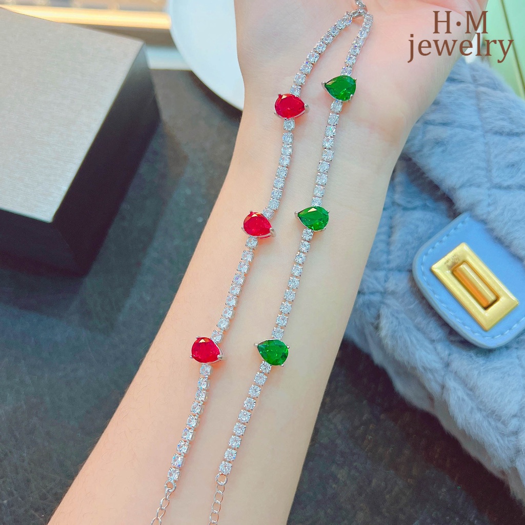 Gelang Ruby Emerald Merpati Bentuk Pir Aksen Berlian Warna Pink