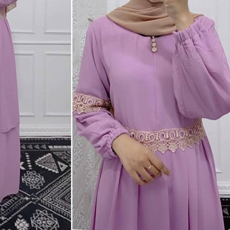 ➴ Gamis Ceruty Babydoll Renda / Gamis Malaysia Kombinasi Renda / Dress Malaysia Terbaru / Denada ➼