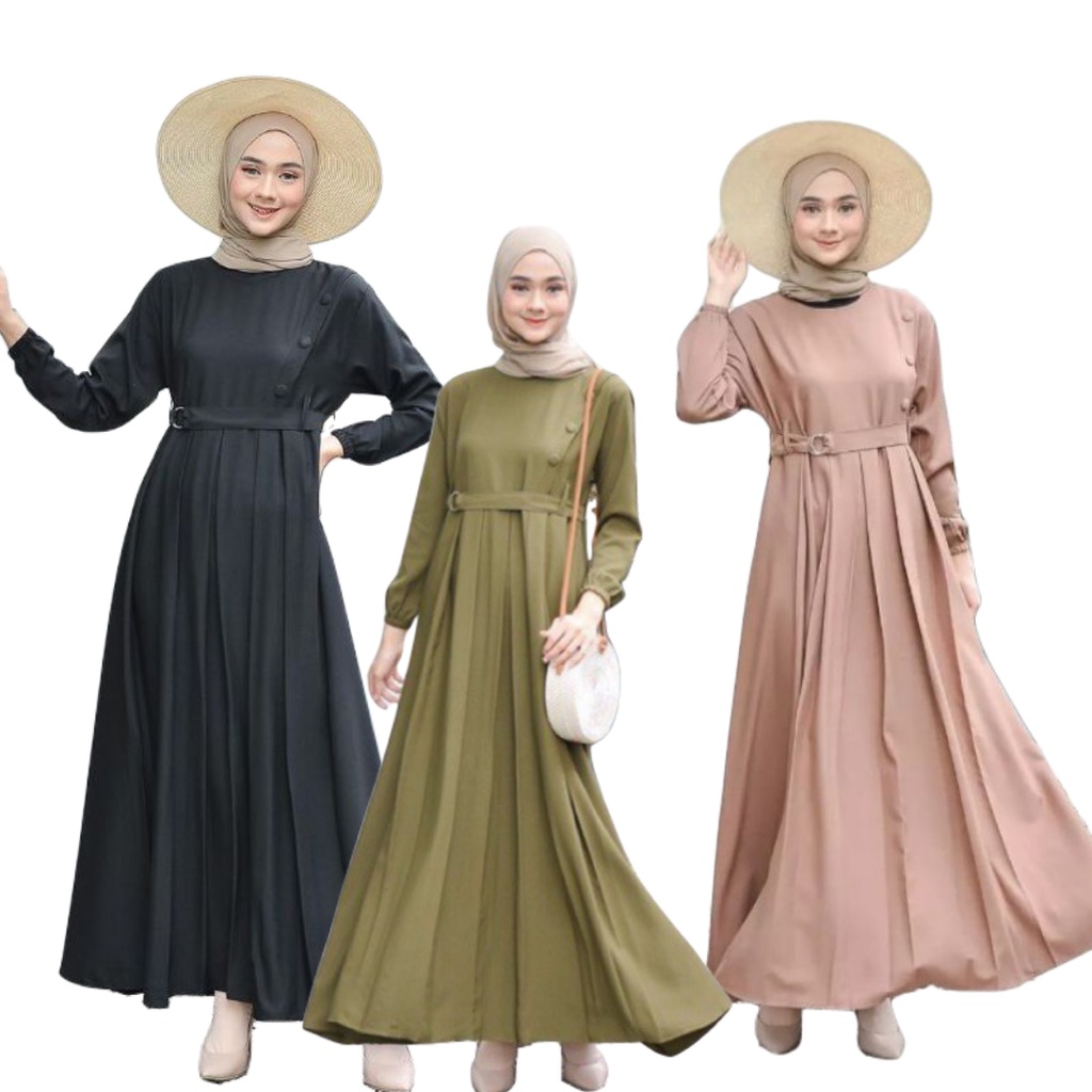 Dress Muslim Polos Tali Pinggang Lengan Balon Premium Crepe