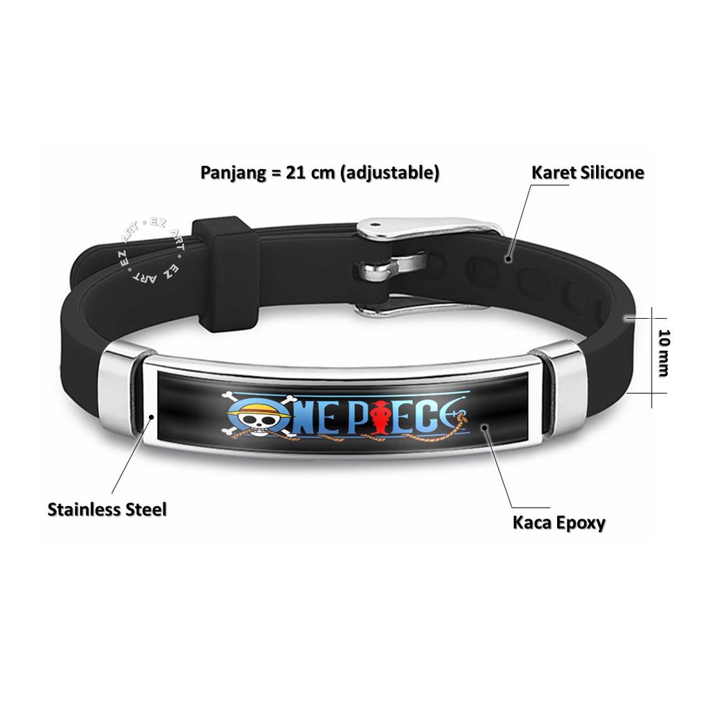 GELANG ONE PIECE RUBBER SILICONE BAHAN KARET SILIKON PLAT STAINLESS STEEL GAMBAR ANIME KACA EPOXY MODEL SABUK STRAP