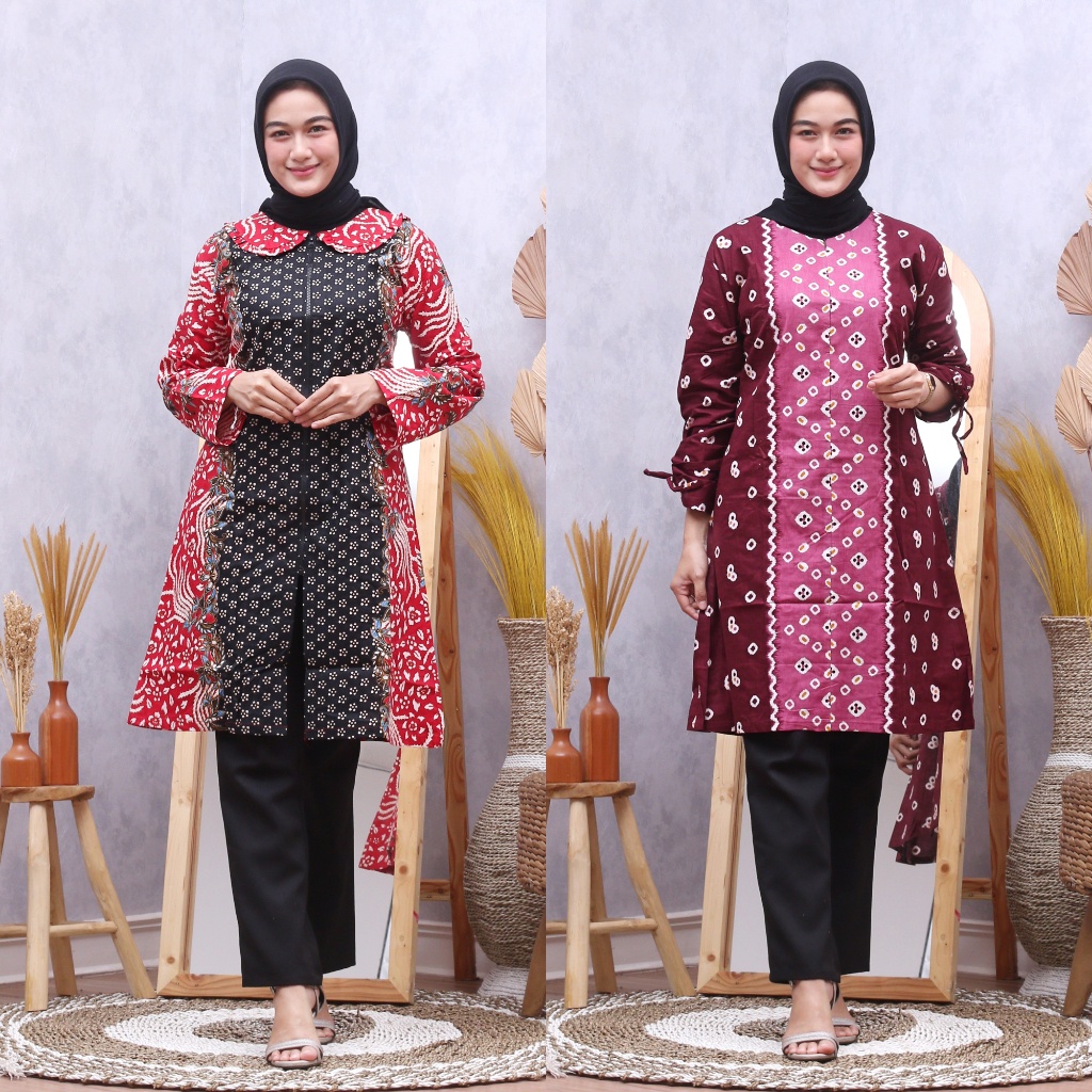 Batik Tunik Terbaru Model Resleting Depan Cantik Ready Seragam