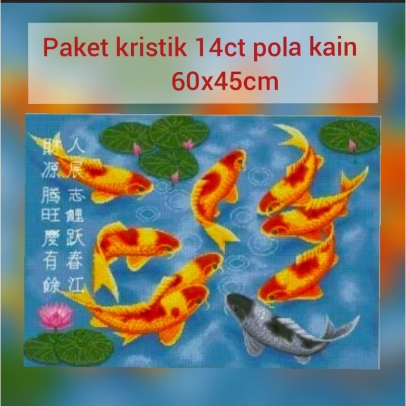DIY Paket kristik 9 ikan koi teratai full pola kain nine fish koi full cross stitch 14ct sulaman ker