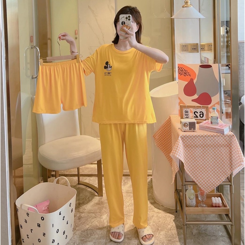 AJW Shop Piyama 3in1 | Piyama Import Dewasa | Setelan Wanita Kekinian | Baju Tidur Wanita Dewasa-Mic Yellow