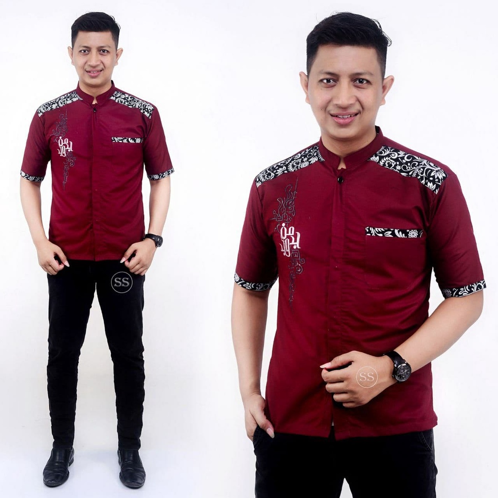 Baju Koko Kombinasi Batik Bordir Lengan Pendek Jumbo Pakaian Muslim Pria Dewasa Murah Terbaru 2022