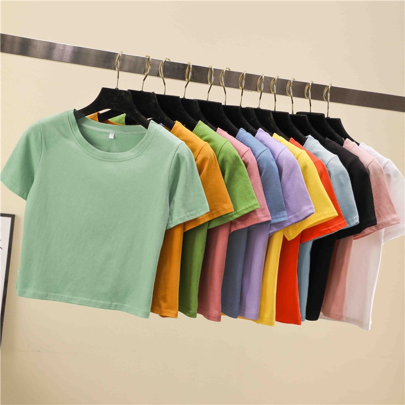 13 Warna Tanaman Top T-Shirt Wanita Solid O-Leher Lengan Pendek T-Shirt untuk Wanita Tinggi Pinggang Slim Pendek Olahraga Blanc Femme t-Shirt