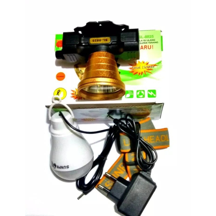 Unik Headlamp Senter Kepala Zoom Led 2in1 Plus Bohlam Merk Sunpro SL8825 Murah