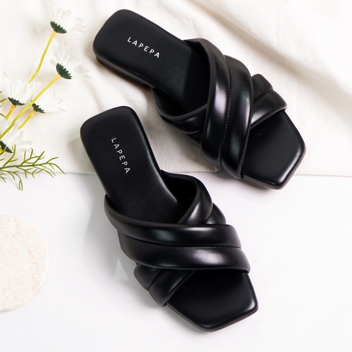 LAPEPA YUK - Sandal Wanita Teplek VEERA Sendal Cewek Platform Wedges Kondangan Hak Tinggi  2cm Model Silang 2 Size 36 37 38 39 40 Lucu Jalan Casual Santai Rumah Slop Warna BLACK Hitam Selop Premium Unik Original Kekinian Terbaru Shoes Mall Official Store