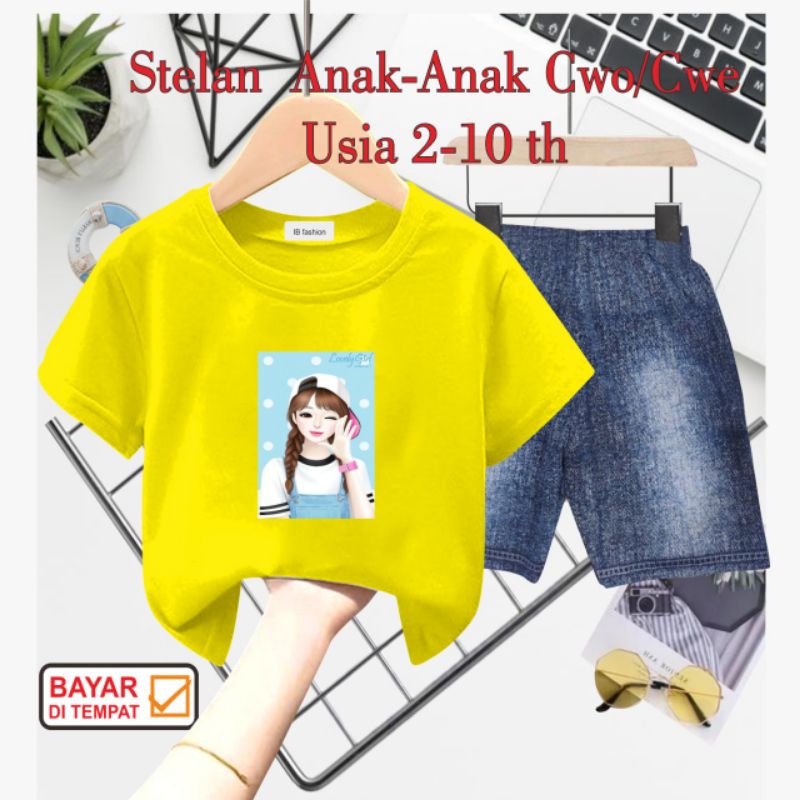 ((IB))SETELAN ANAK PEREMPUAN SEMI JEANS/CEWEK TOPI DIGITAL SABLON