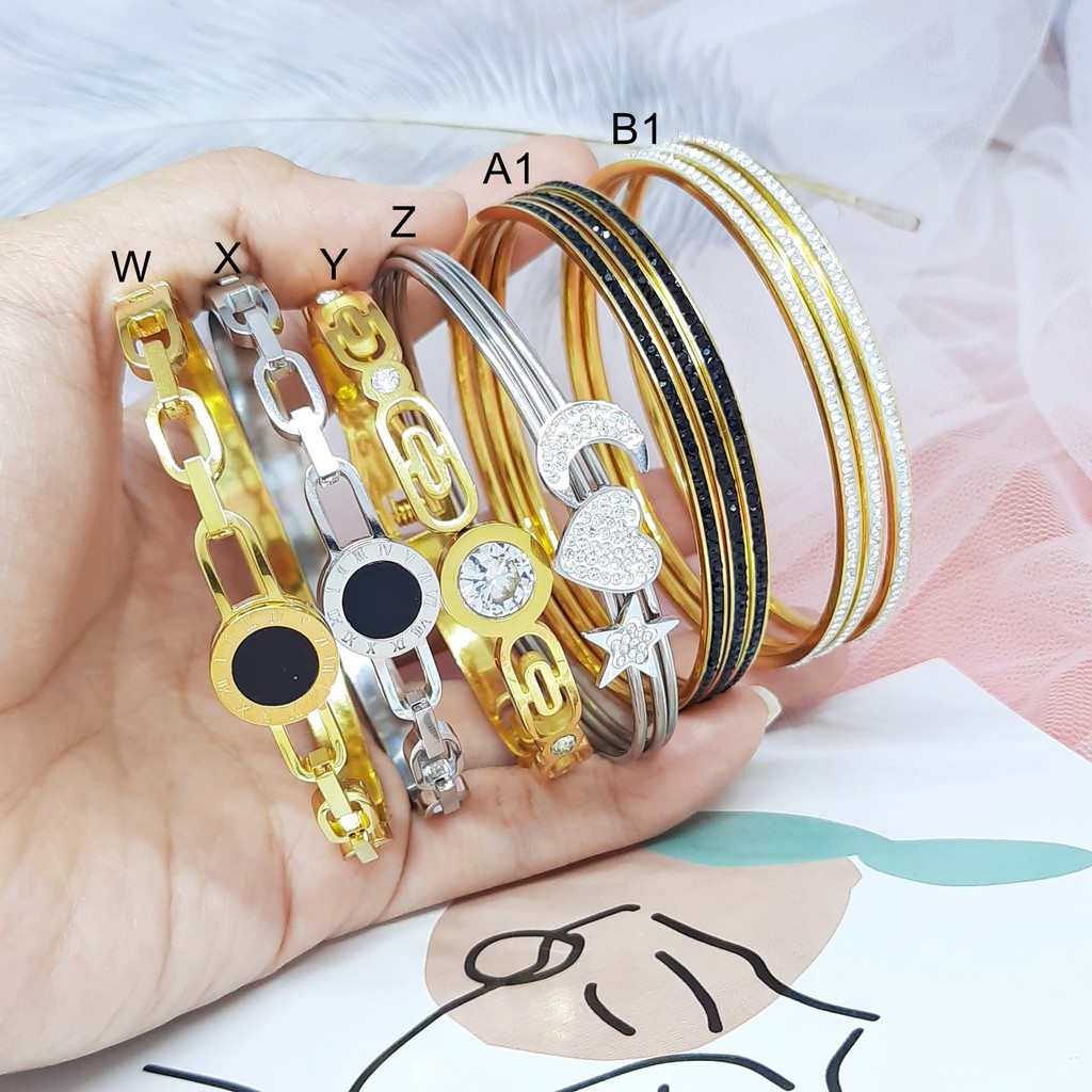 Gelang Bangle Titanium Silver Gold Polos Paku Keroncong Mata Putih - BB388