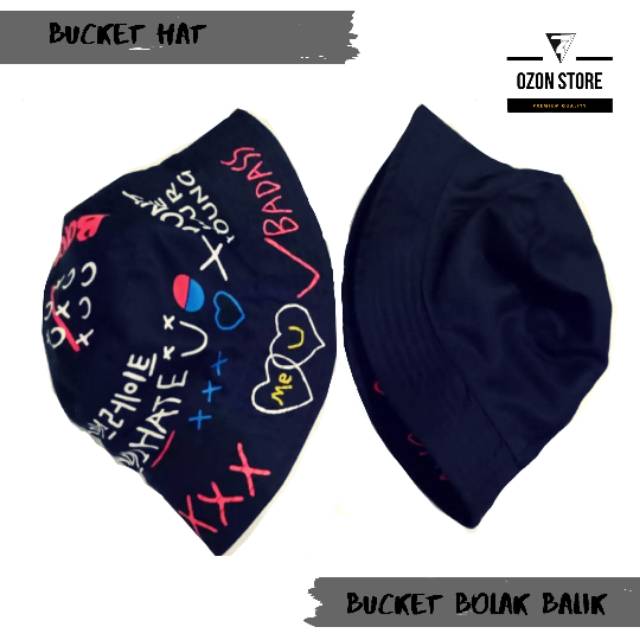 Dua Sisi Bolak Balik Topi Bucket Hat / Fisherman Lipat Motif Pria Wanita - Bucket Hat BADAS