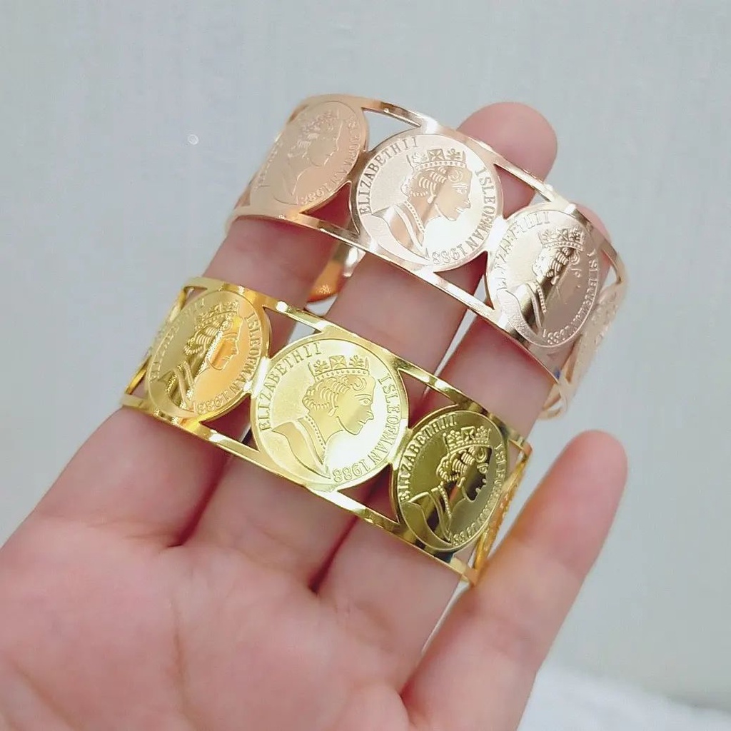 Gelang Tangan Bangle Wanita Korea Model Adjust Terbuka Motif Coin Emas Elisa Titanium Asli Import An