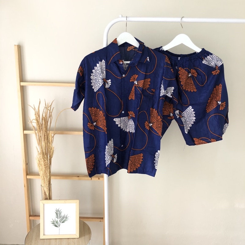hirafa - One Set Setelan Atas Bawah Full Kancing / Baju Santai Tie Dye / Baju Wanita Pria-Kipas - Biru Tua