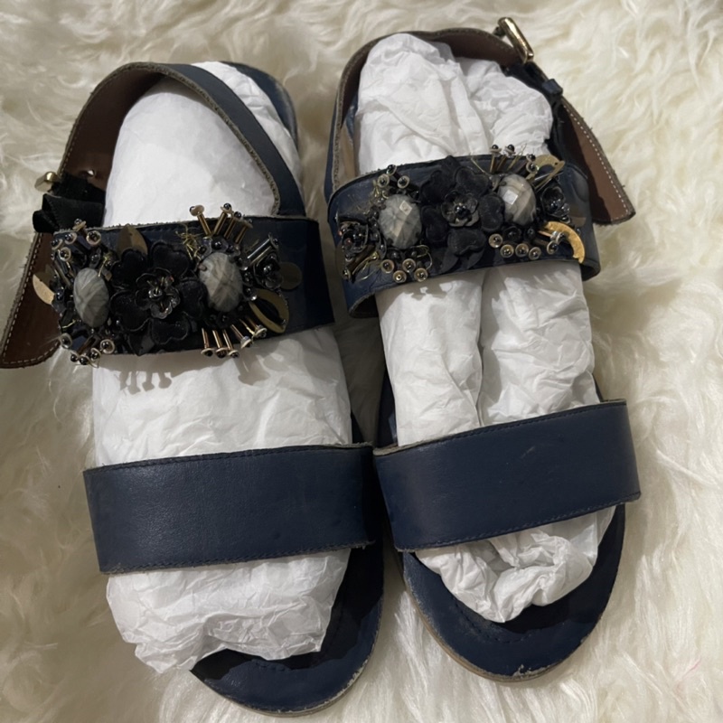 [PVRA] Original Sandal Navy Heels Beads Biru Dongket Best Seller Size 39 muat 38 40