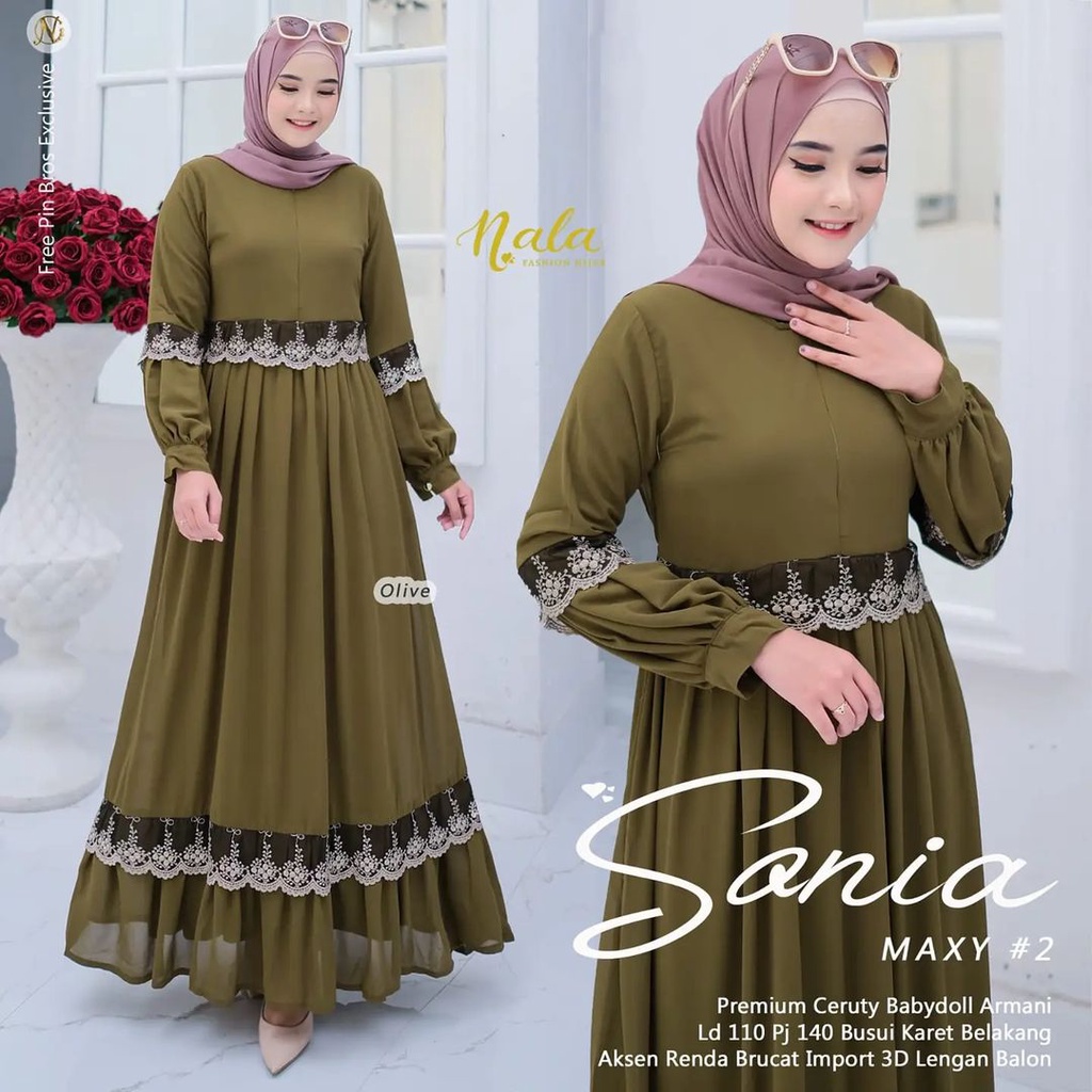 Sonia Maxy Gamis Malaysia Terbaru Dress Ceruty Aplikasi Renda Bunga Pakaian Busui Fashion Muslim Gamis Pesta Mewah