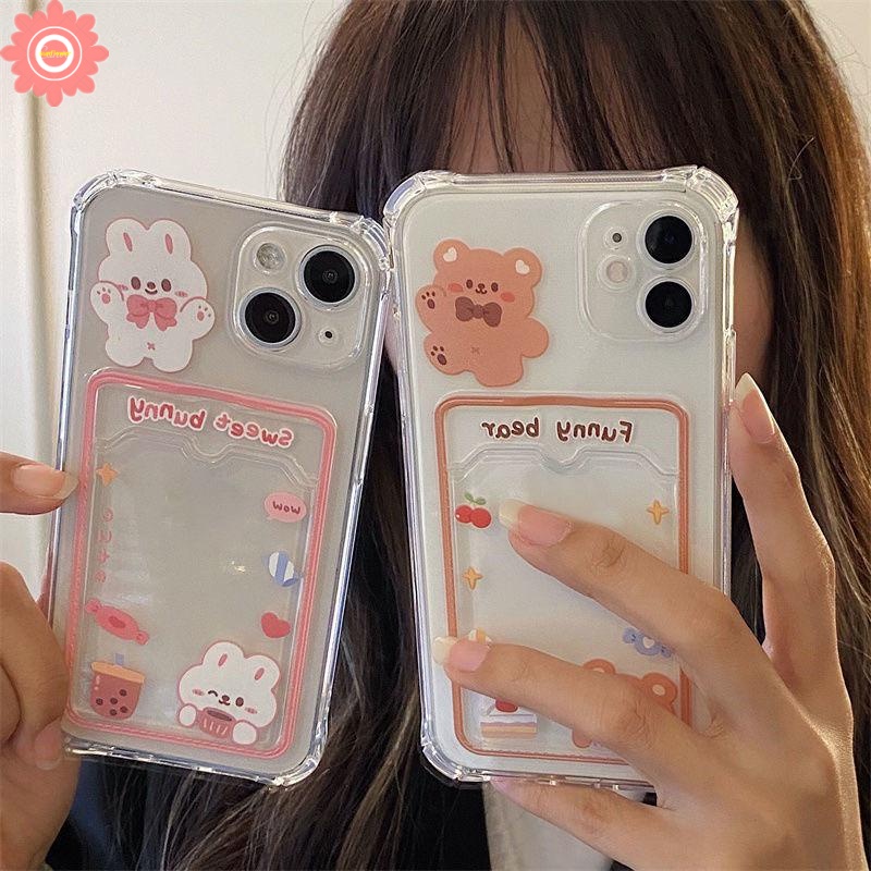Bening Tempat Kartu Case Redmi A1 10 10c 9 9A 9C NFC Redmi Note 11 10 10s 9 Pro Note9 Mi 12 12x11 Lite POCO X3 Pro NFC POCO M3 Beruang Lucu Sweet Bunny Dompet Slot Soft Cover