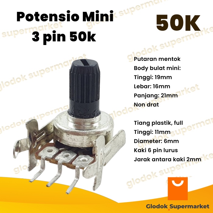 Potensio Mini 3 pin 50k Mono Kaki 3 Lurus Potentio Meter 503