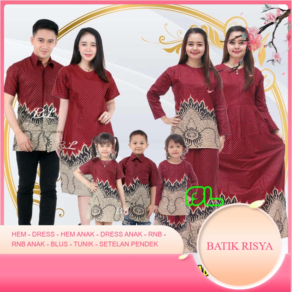 Pakaian Keluarga Risya Muslim - Ibu Bapak Anak - Motif Geni Mowo Warna Merah Marun - Dress Tunik Blu