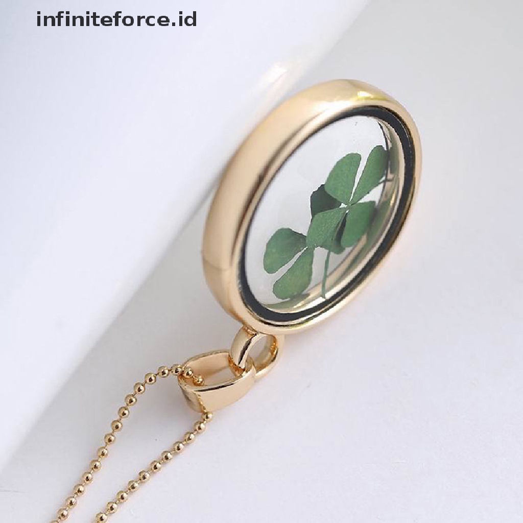 Kalung Liontin Bunga Clover Kering Alami Bahan Resin