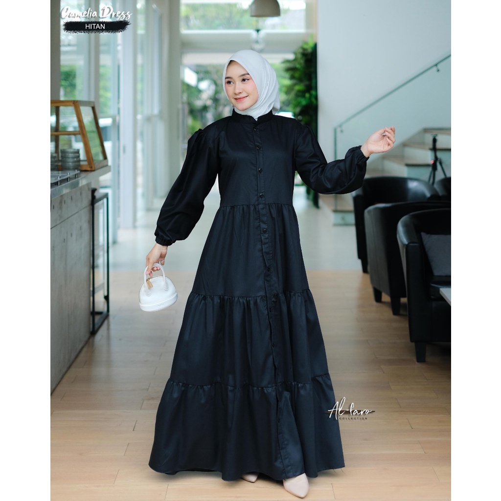 Gamis Toyobo kancing camelia ori alfaro katun jepang adem rempel Ruffle serut kerut saku busana muslim